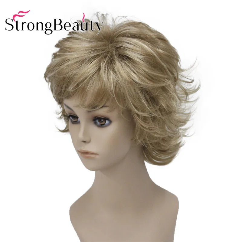 StrongBeauty 짧은 합성 가발 금발 자연스러운 웨이브 플러피 레이어드 컷 가발(뱅 포함)