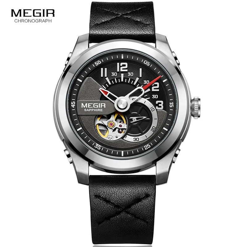 M62050-Silver-Black Мужские механические наручные часы с кожаным ремешком, армейские спортивные часы, повседневные часы со скелетом, мужские часы 62050G-BK-1 - Цвет: M62050-Silver-Black