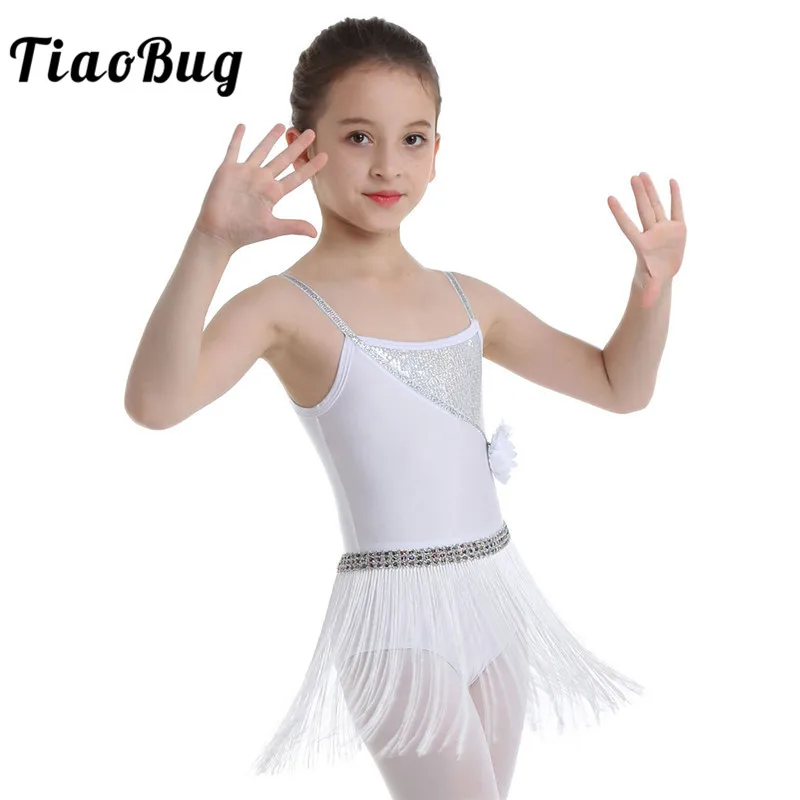 

TiaoBug Kids Girls Shiny Sequins Latin Dance Leotard Tassels Dress Children Elastic Straps Rumba Salsa Tango Stage Dance Costume
