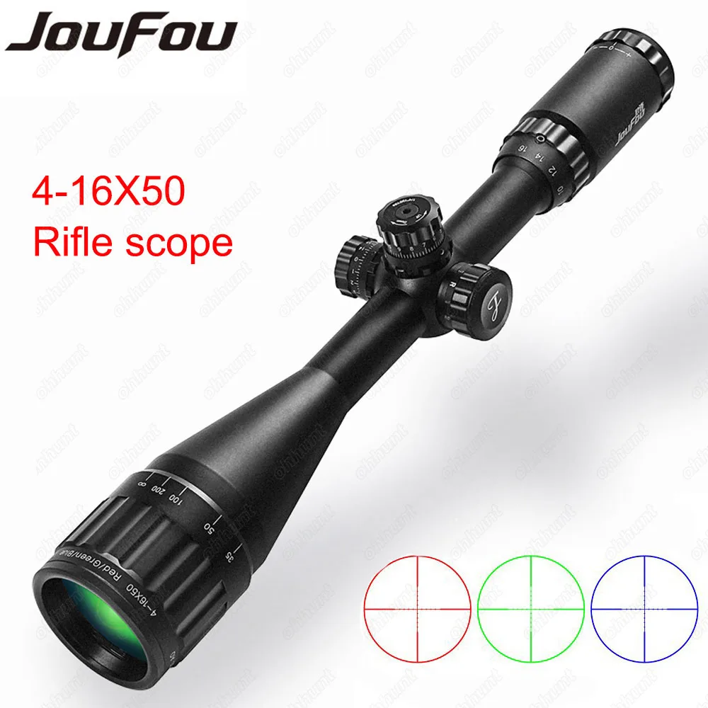 

JouFou 4-16X50 AOE Tactical Optical Sight RGB Illuminatied Wire Reticle Rifle Scope Full Size Hunting Riflescope with Rings