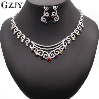 

GZJY Bridal Dress Accessories Jewelry Sets White Gold Color Multicolor Zircon Necklace Earring Jewelry sets For Women