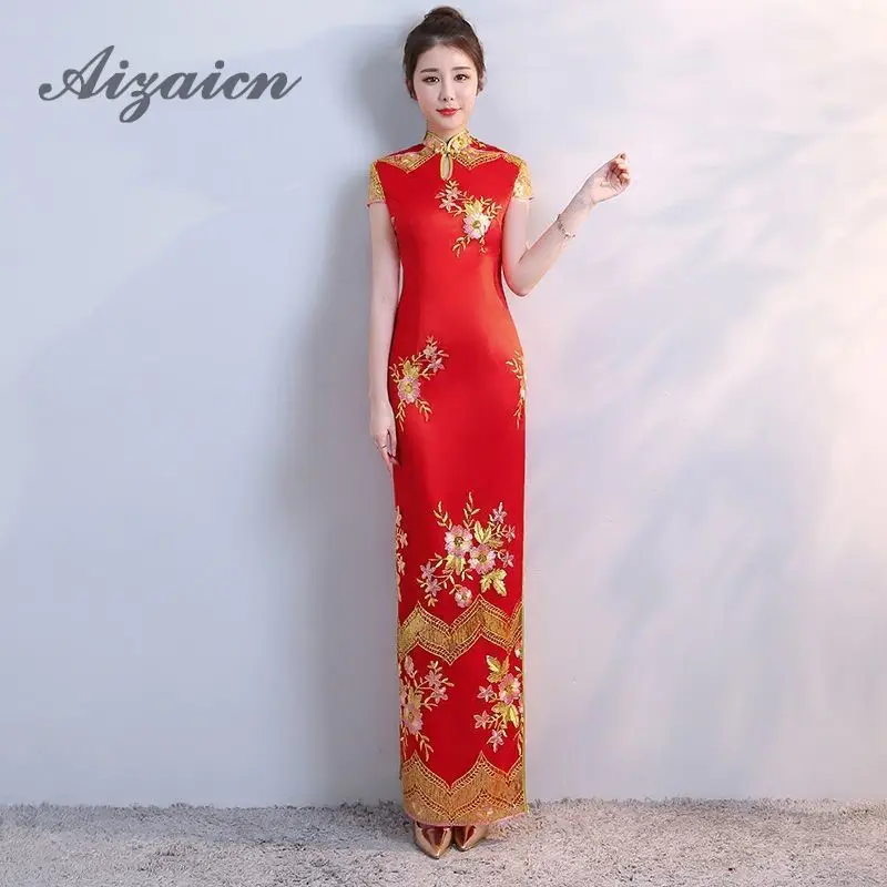 Chinese Traditional Dress Red Bride Embroidery Cheongsam Long Qipao Vestido Oriental Dresses