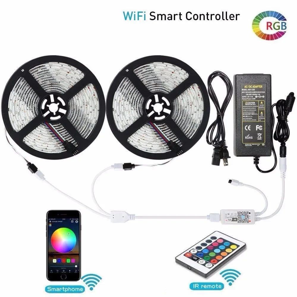 

5m 10M 5050 RGB WIFI LED Strip light Waterproof RGB led tape WIFI Music controller By Amazon Alexa Google Home power adapter Kit