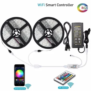 

5m 10M 5050 RGB WIFI LED Strip light Waterproof RGB led tape WIFI Music controller By Alexa Google Home power adapter Kit