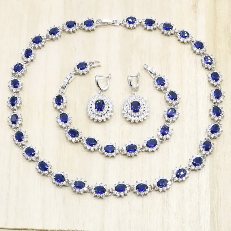 925 серебряные ювелирные наборы для женщин в форме цветка Королевский синий полудрагоценное ожерелье серьги браслет вечерние свадебные ювелирные изделия