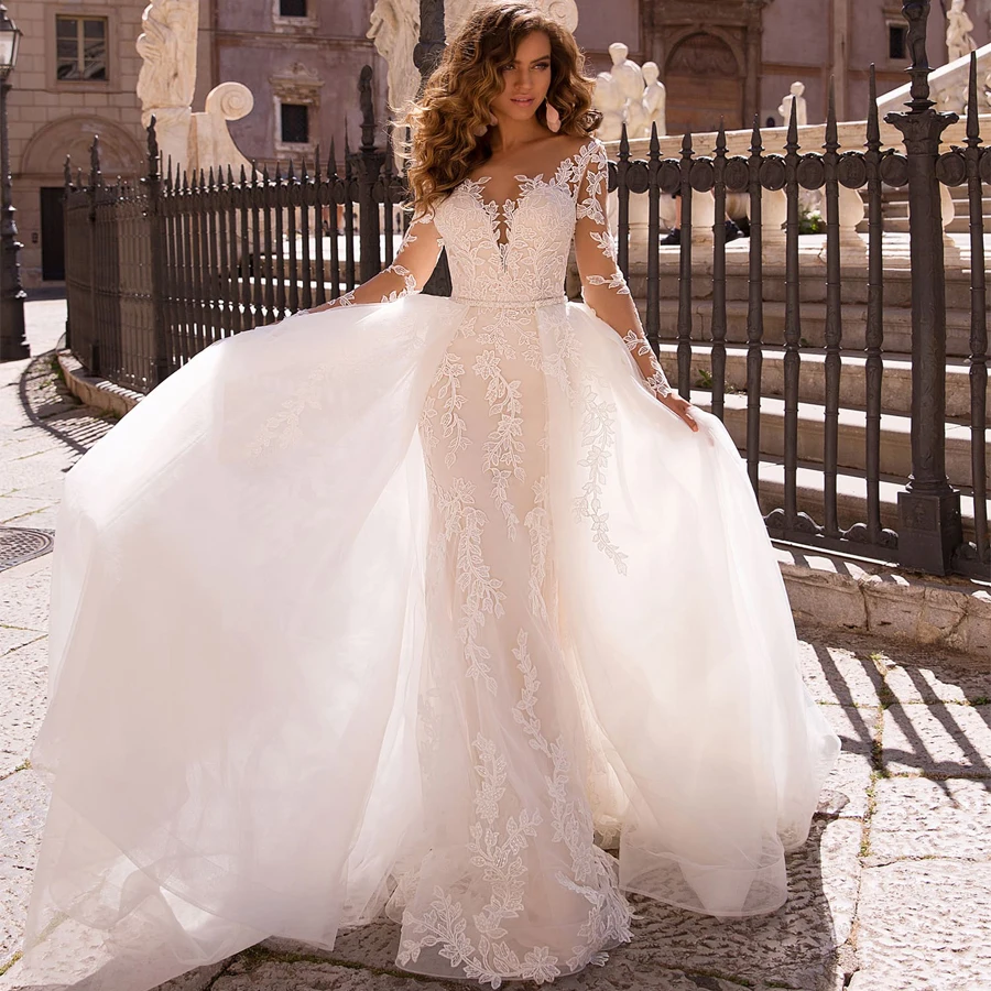 Kant Mermaid Afneembare Tulle Rok Lange Mouwen Applique V-hals Trouwjurk Robe De Mariee Sofuge Boho Dubai Arabisch Abiti Da Kant Mermaid Afneembare Tulle Rok Lange Mouwen Applique V-hals Trouwjurk Robe De Mariee Sofuge Boho Dubai Arabisch Abiti Da