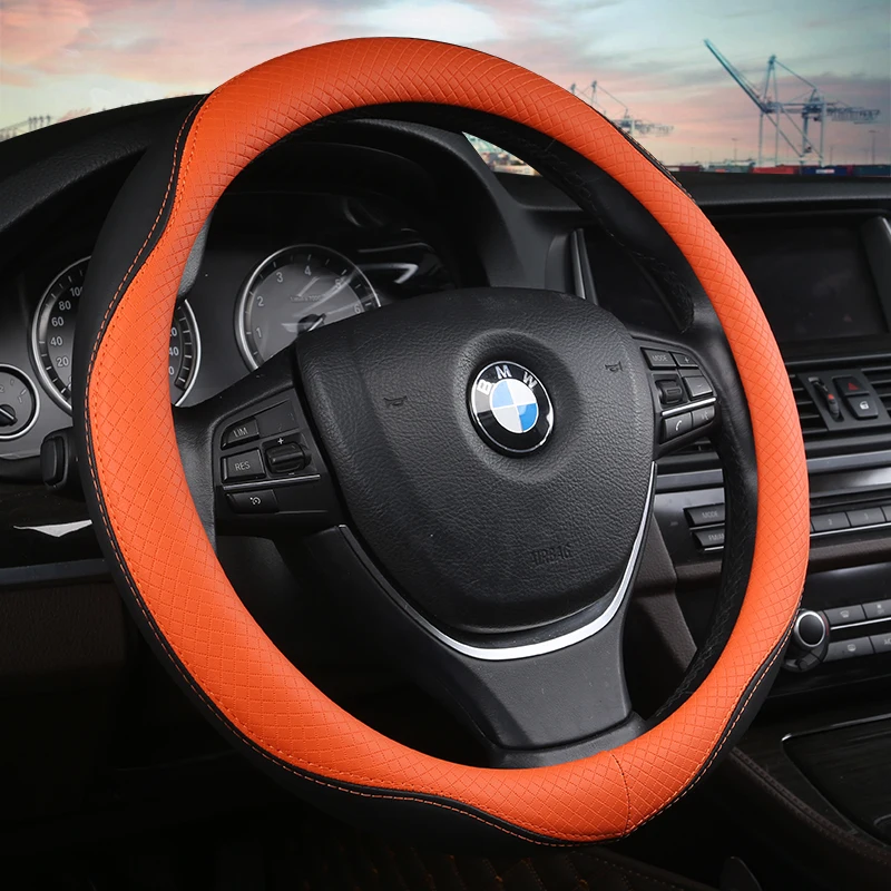 

KKYSYELVA Leather Universal Car Steering-wheel Cover 38CM Car-styling Sport Auto Steering Wheel Covers Anti-Slip