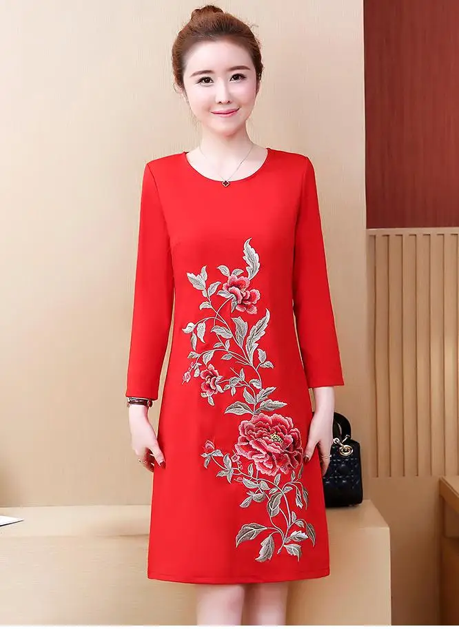 L-5xl, весеннее винтажное платье с цветочной вышивкой, женское платье больших размеров, черные, красные платья с длинными рукавами и круглым вырезом, корейские повседневные офисные платья - Цвет: red