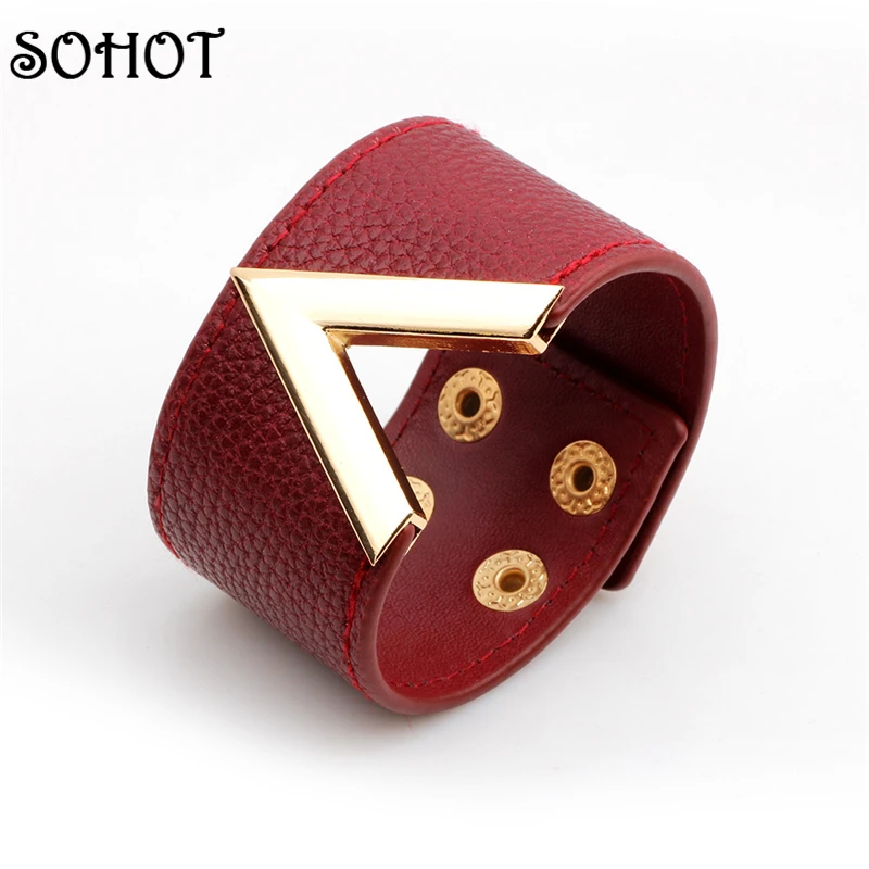 

SOHOT Trendy Wrapped Wide Statement PU Leather Bracelet For Woman Jewelry Geometric Alphabet V Fashion party Gift