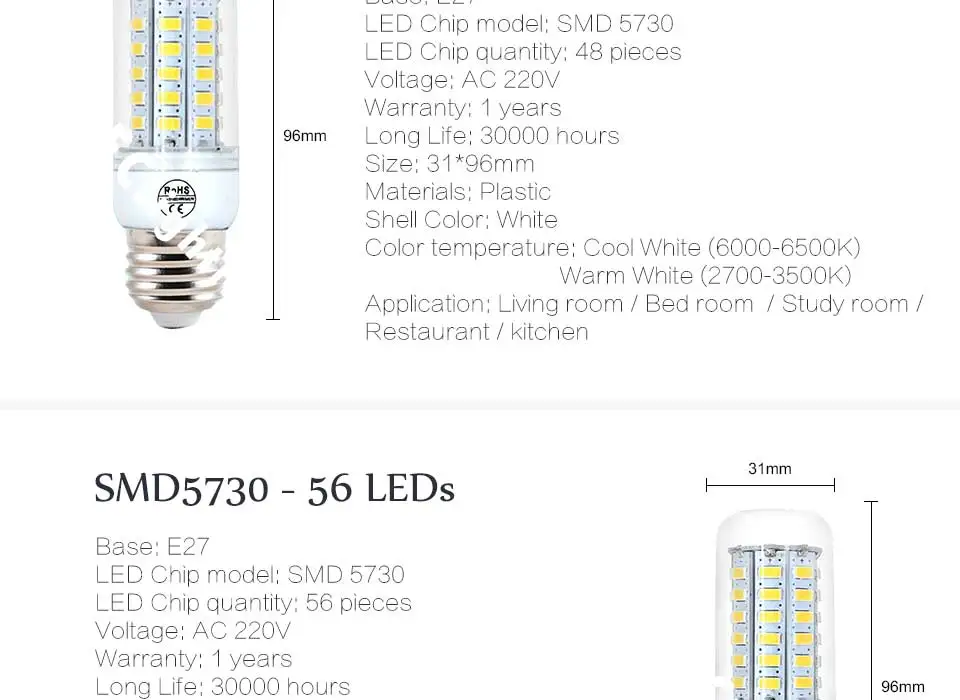 220 В Bombillas светодиодные лампы E27 5 24 36 48 56 69 72 96leds SMD5730 Lamparas Лампада де высокий яркий светодиодный люстры огни