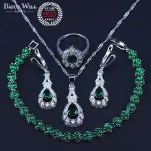 925 серебряные ювелирные наборы для женщин Свадебные русский зеленый фианит серьги, ожерелья кольцо браслет шкатулка для украшений