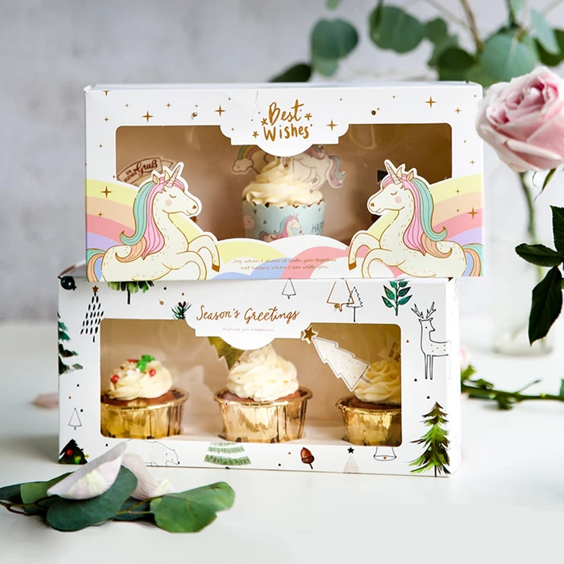 

5pcs Cute Unicorn Party Cupcake Box with Handle Birthday Party Cup Cake Boxes Packaging for Cupcake Gift Boxes