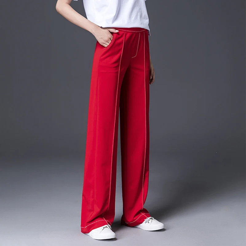 

2018 New Brand Womens Silk Straight Pants Casual Loose Side Pleated Elastic Waist Red Thin Trousers Plus Size S To 4XL