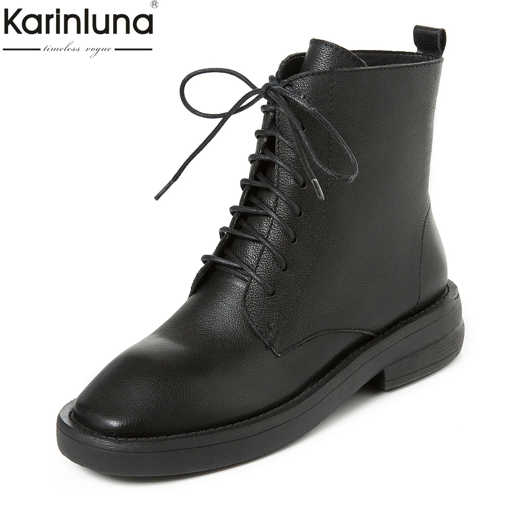 

top quality Genuine Cow Leather Ankle Boots Woman Shoes Lace Up Chunky Heels Black Shoes Woman short Boots women shoes 2019