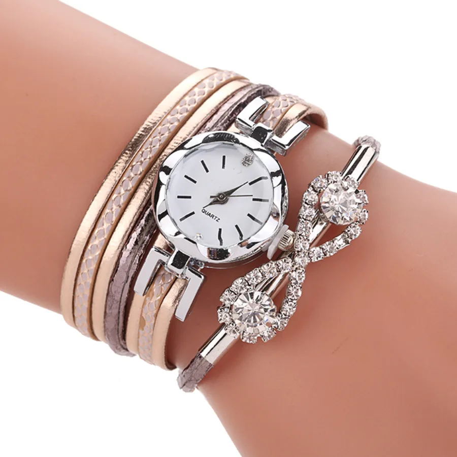 Женские часы-браслет Кварцевые часы с кожаным ремешком брендовые роскошные серебряные часы со стразами Модные женские повседневные часы