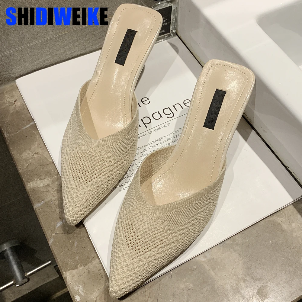

Unusual Heels Slippers Woman Pointed Toe Footwear Slides Knitted Shoes Female Fashion Mules Shoes Woman Summer 2019 New g218