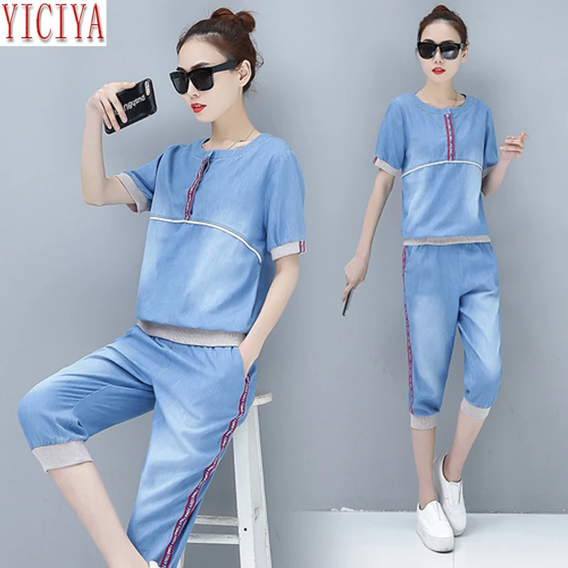 

Light Blue Jeans Denim Suits 2019 Summer Two Piece Outfits Co-ord Set Plus Size Big for Women Wide Pants and Top Short Clothing