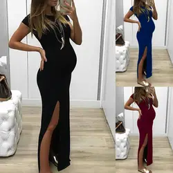 2019 женское платье твердый облегающие длинные платья для беременных короткий рукав открытым вилка для беременных платье для беременных