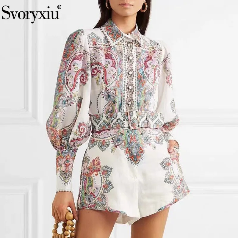 

Svoryxiu Runway Designer Autumn Shorts Twinset Women's Elegant lantern Sleeve Boho Printed Blouse + Shorts Fashion Two Piece Set