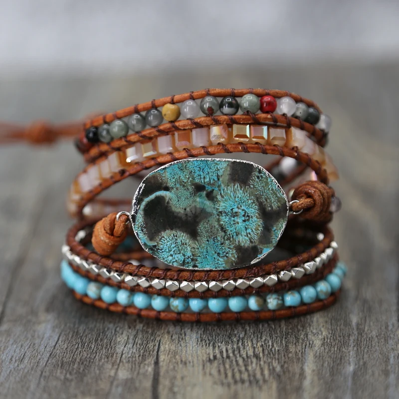 

Handmade Genuine Leather Bracelets for Women Natural Stone 5 Strands Wrap Bracelet Vintage Boho Weaving Beads Bracelet Jewelery