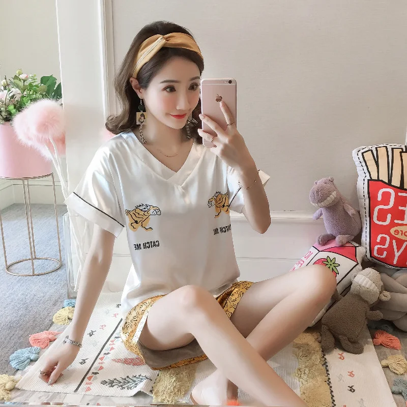 

Pyjamas women lingerie satin pajamas set v-neck short-sleeved shirt+shorts 2pcs summer new casual home clothing lenceria mujer