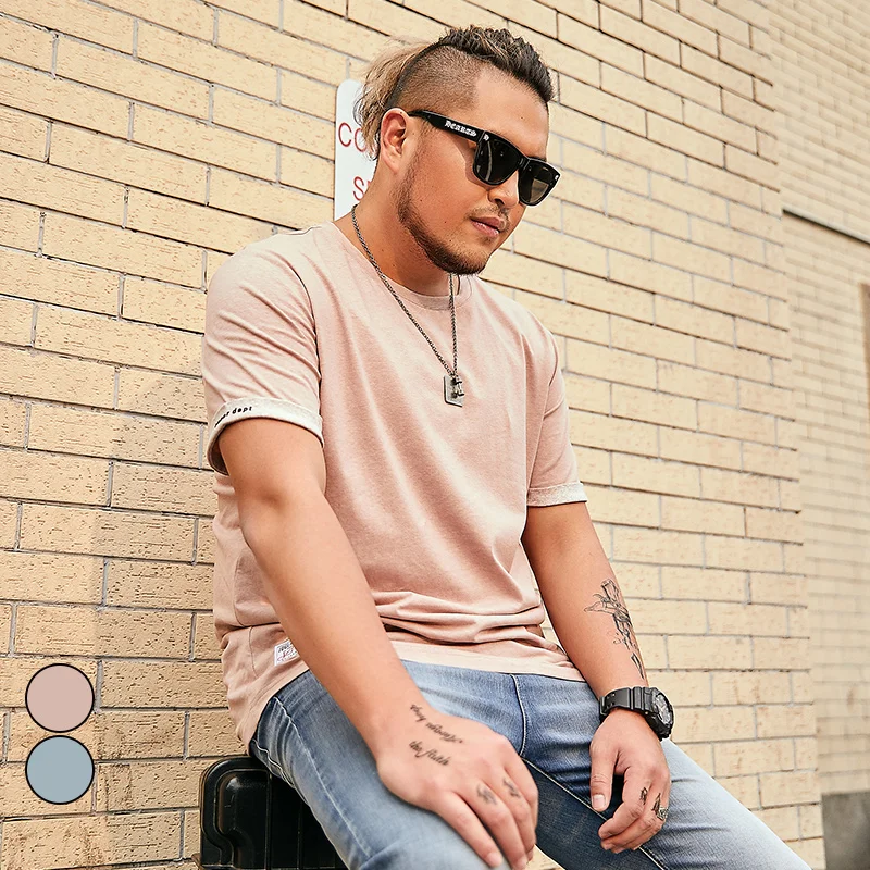 

2019 Summer Men's Brown Color Gray Solid Color Eversion Cuffs Loose Round Neck Short Sleeve T-Shirt 1-6XL