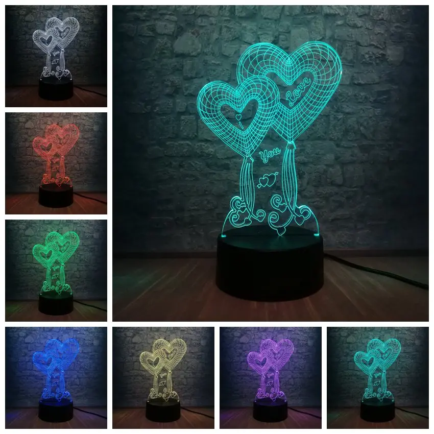 3D лампа USB Ночник светильник смешанный цвет музыкальная нотка роза любовь сердце