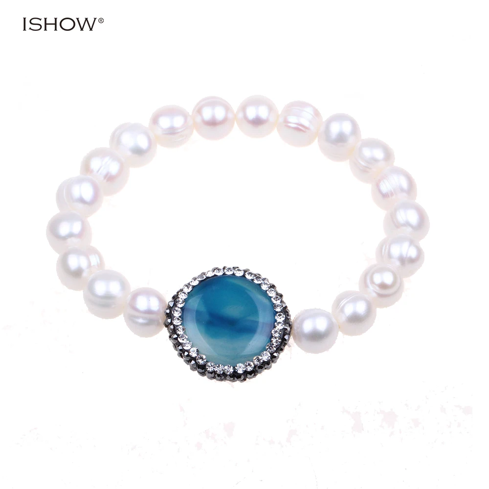 

Blue crystal inlaid natural stone statement Pearl bracelets for women trendy jewelry water-drop adjustable pearl bracelet mujer