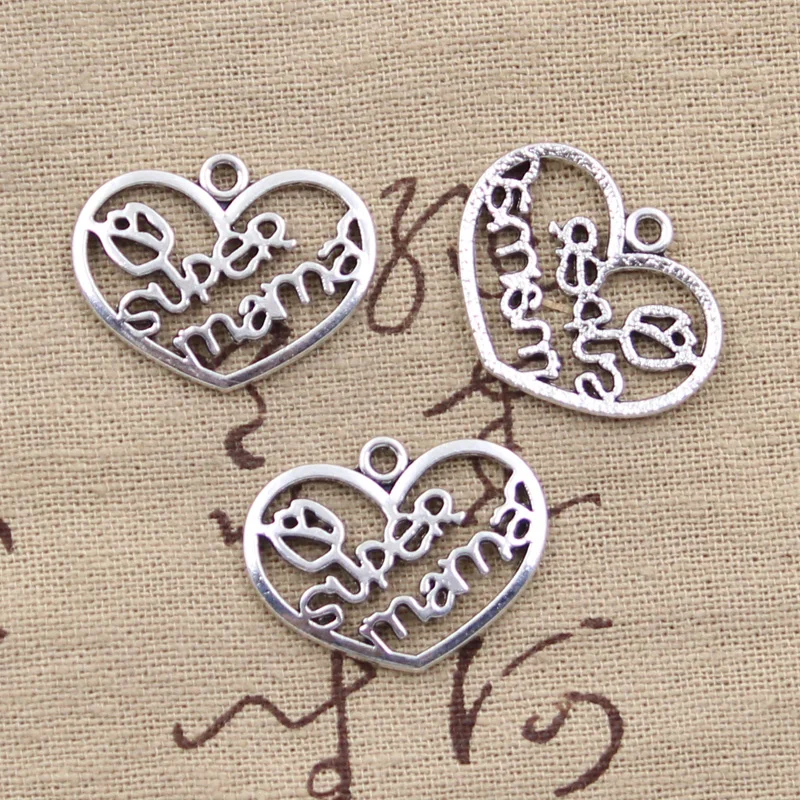 

6pcs Charms heart super mama 20x26mm Antique Making pendant fit,Vintage Tibetan Silver,DIY bracelet necklace
