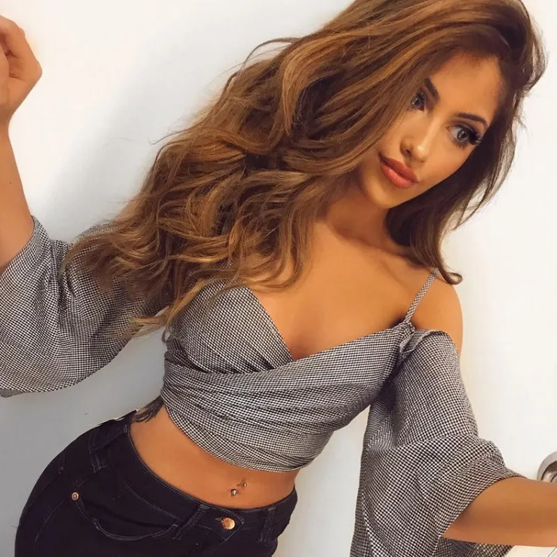 

New Sexy Fashion Women Three Quarters Flare Sleeve Casual Loose T-shirt Off Shoulder Deep V-neck Plaid Lace-up T-shirt Crop Top