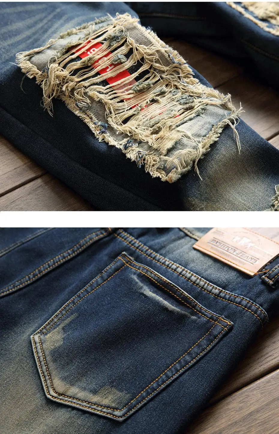ABOORUN фаздравствуйте для мужчин Зимние флисовые джинсы ретро рваные здравствуйте джинсы Hi Street рваные джинсы для x1571