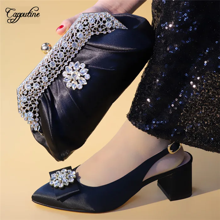 

Latest black high heel buckle design pump shoes and evening bag set for party A562, heel height 6.4cm