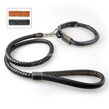 

Braided Rolled Real Leather Dog Pet Collar & Leash Set