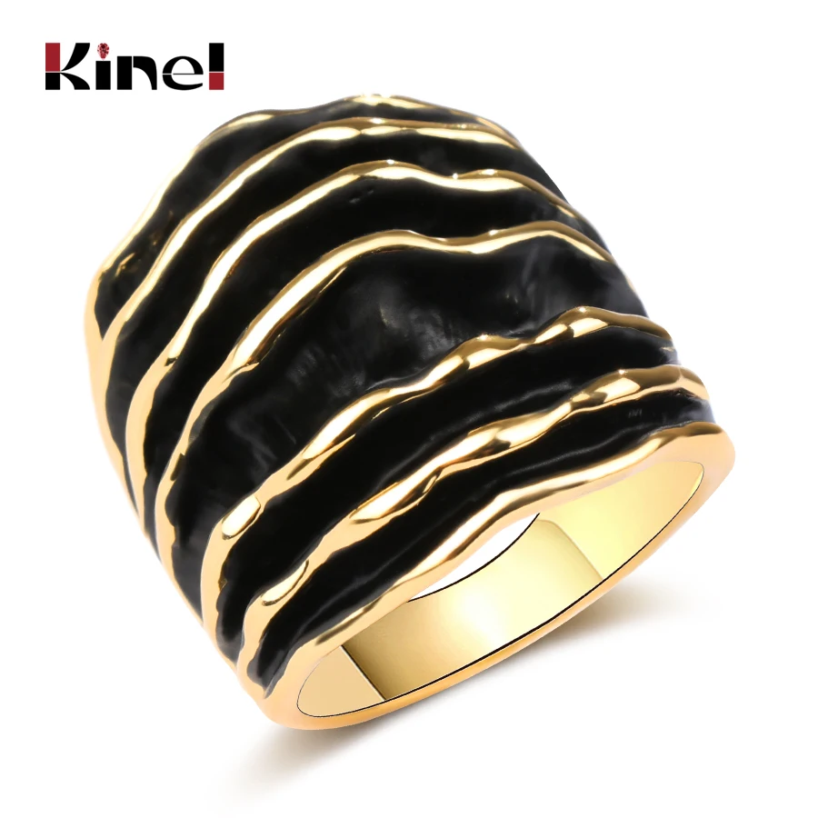 

Kinel Fashion Gold/Silver Color Punk Ring Wide Chunky Stripes Enamel Wave Line Statement Ring For Women Jewelry