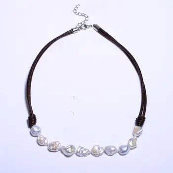 

Regeneration Of Bead Necklace 10-11 mm Double Loop Brown Leather Rope Front 10 Pearls