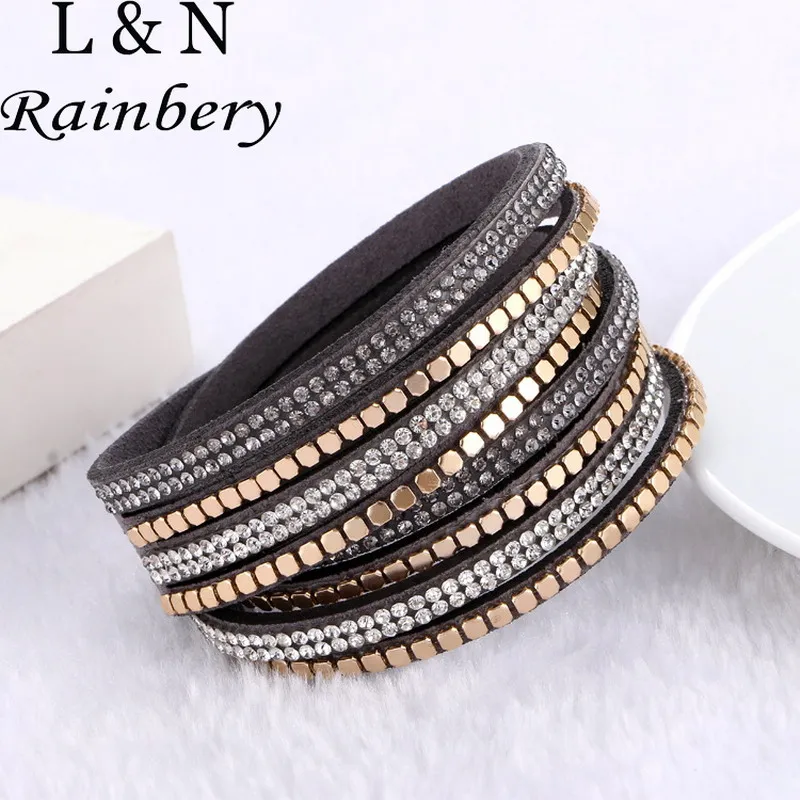 Rainbery 2016 New Fashion Alloy Crystal Wide Magnetic Leather bracelets&bangles Multilayer Bracelets Jewelry for Women Men Gift