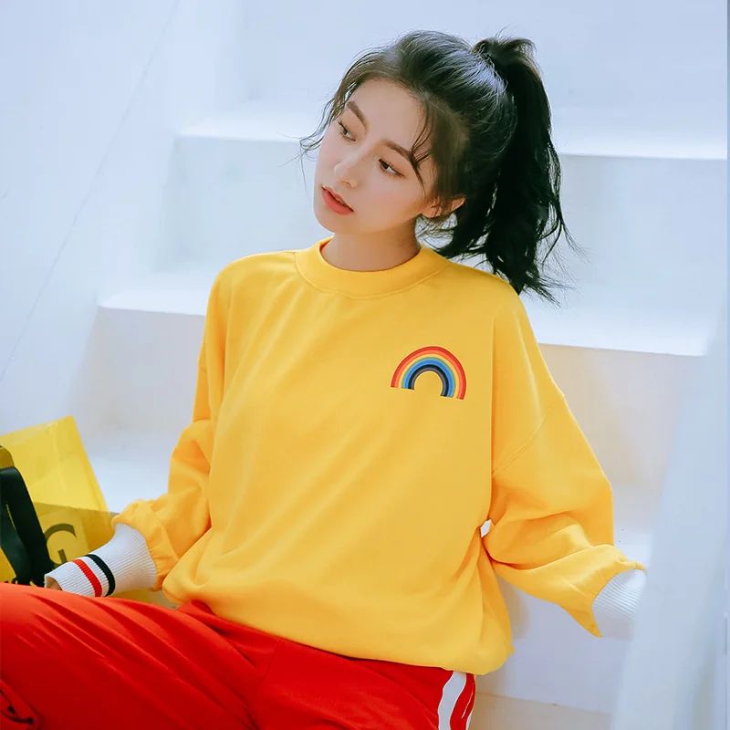 Ulzzang Корейский Kpop большой Радужный принт желтый свитер с капюшоном для женщин