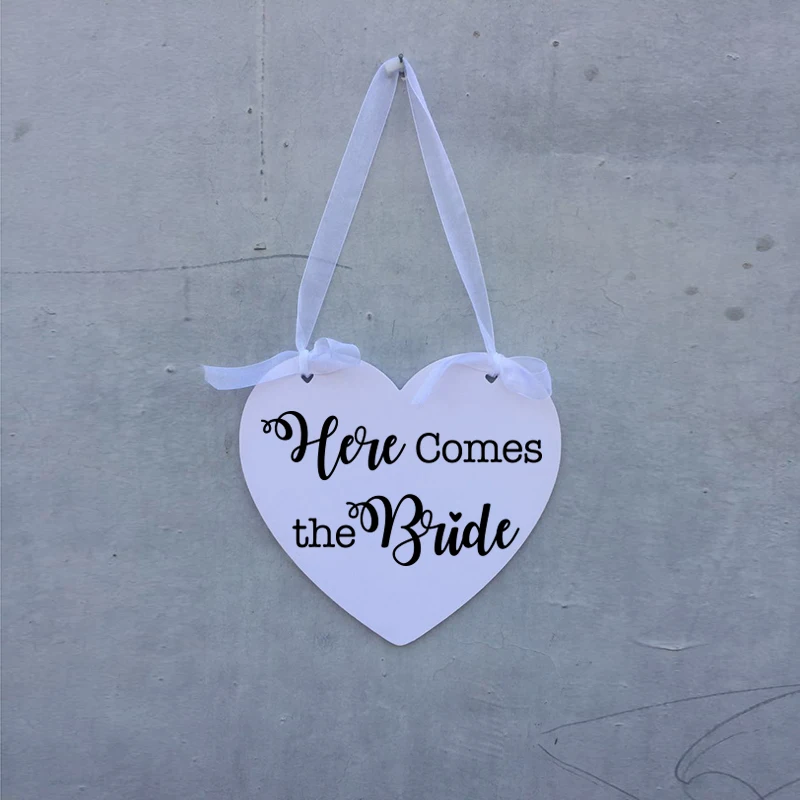 Wooden Heart Here Comes the Bride with And they lived Happily Ever After Wedding Flower Girl Sign, Ring Bearer Sign , Crisp