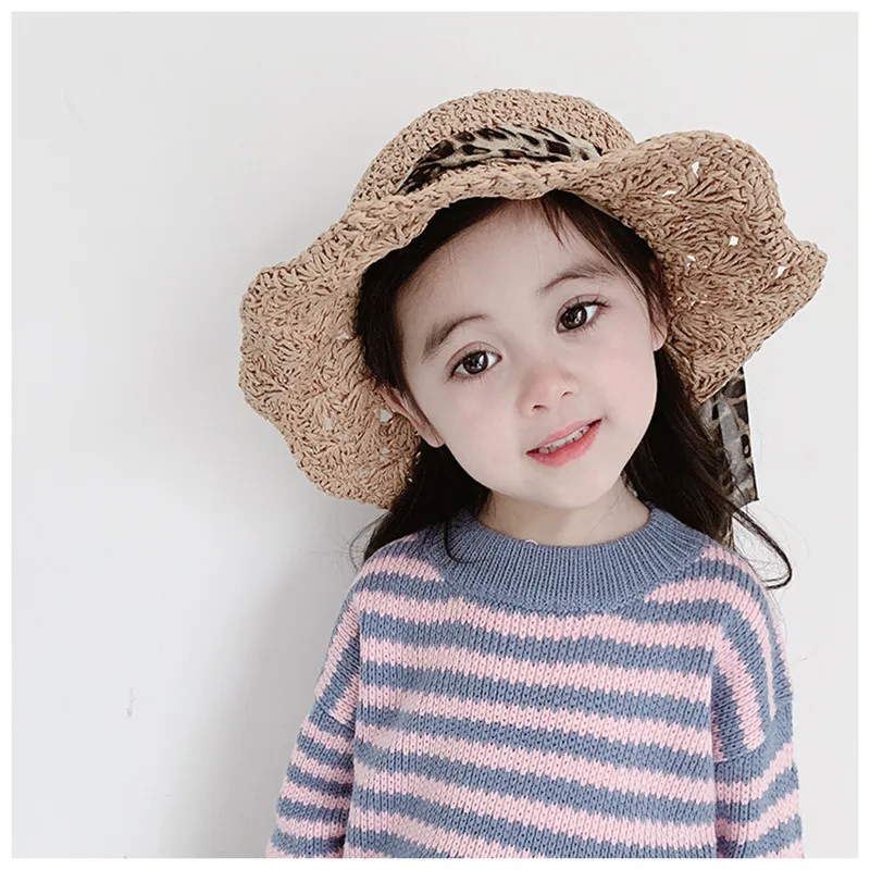

Leopard Ribbon Baby Girls Straw Hat Summer Handmade Crochet Kids Straw Hat Hollow Sun Cap Folded Beach Hat for 2-5Yrs Child