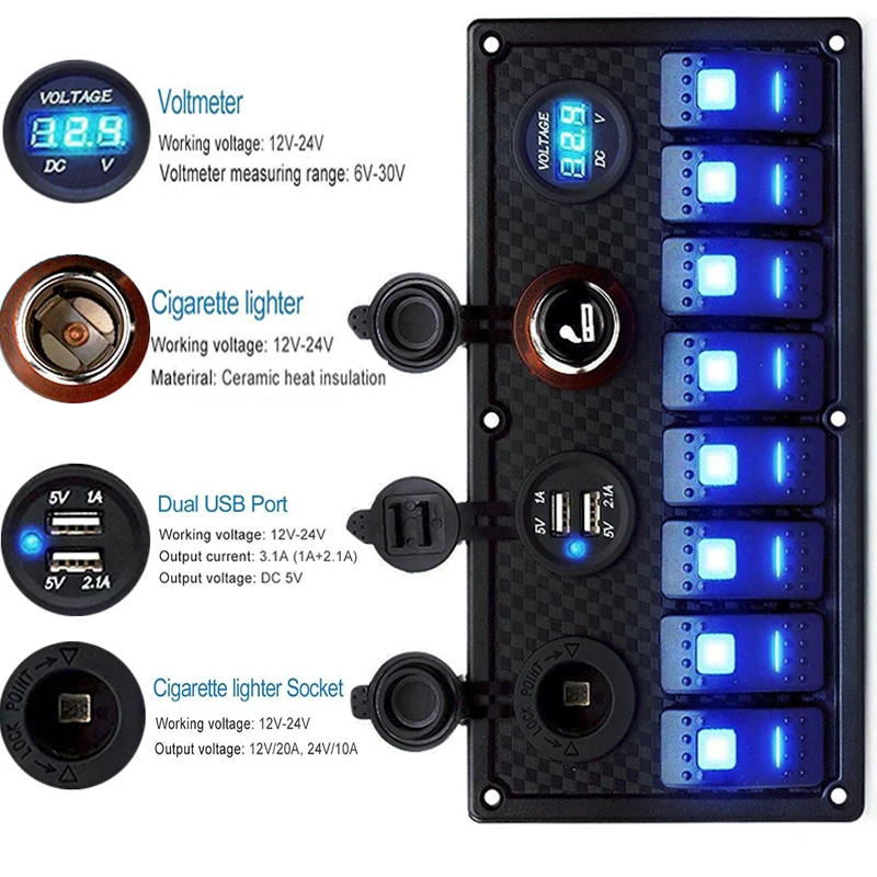

Car Marine Cigarette Lighter Socket Voltmeter 5V 3.1A Dual USB Charging Ports Breaker 8 Gang 12 24V Boat Switch Panel Control