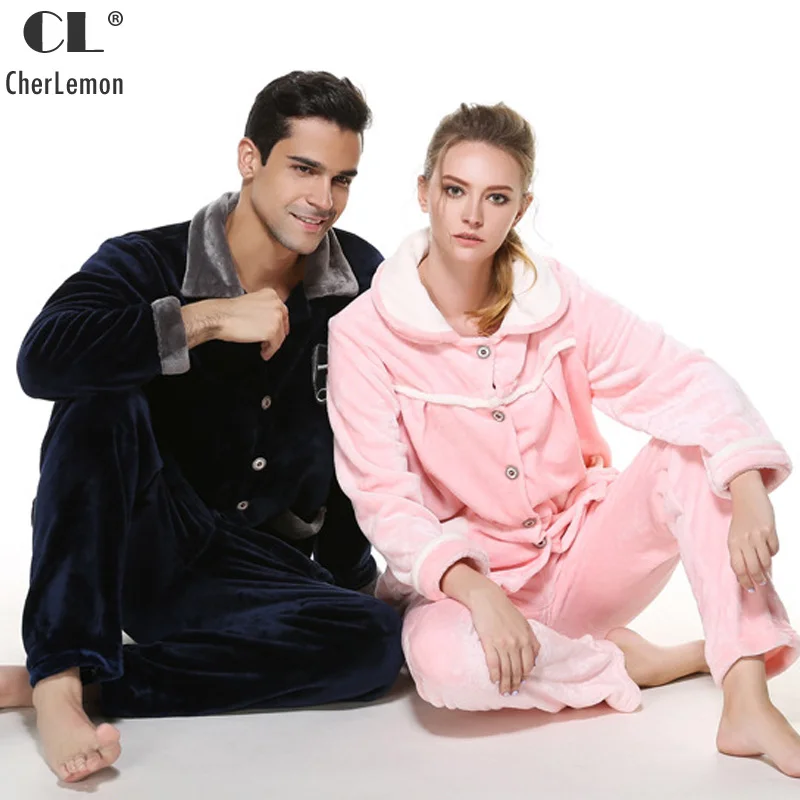 

CherLemon Men and Womens Coral Fleece Nightwear Autumn Winter Warm Flannel Couple Pajamas Classic Solid Button Down Long Pyjamas