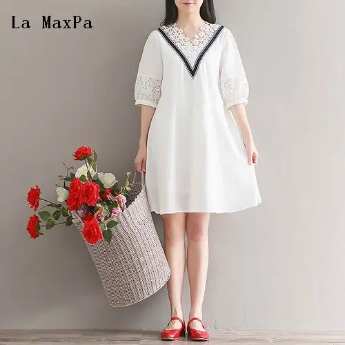 

Japan Fashion Mori Girl Dress 2018 Summer Women Literary Sweet White Color Half Sleeve V-neck Lace Patchwork Hollow Out dress