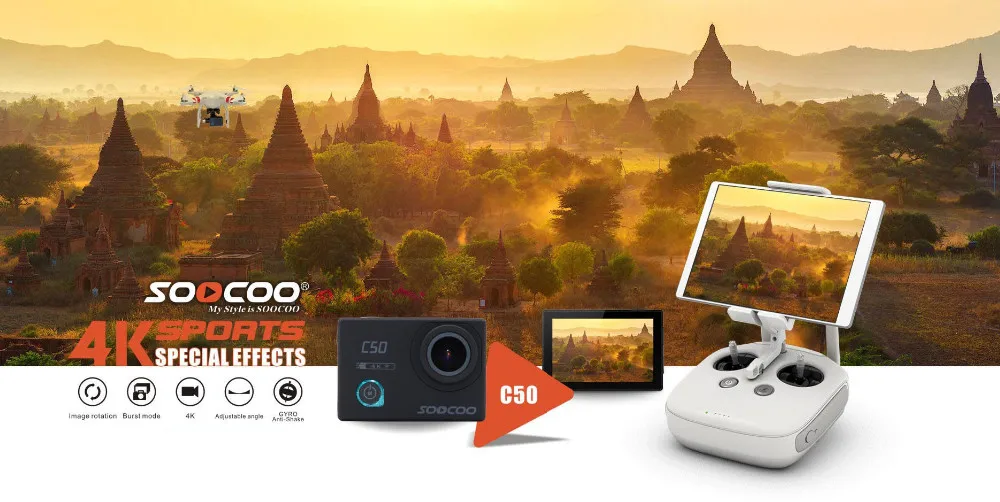 Новинка, Спортивная Экшн-камера SOOCOO C50, Wifi, 4 K, гироскоп, регулируемые углы обзора, NTK96660, 30 м, водонепроницаемая Спортивная DV