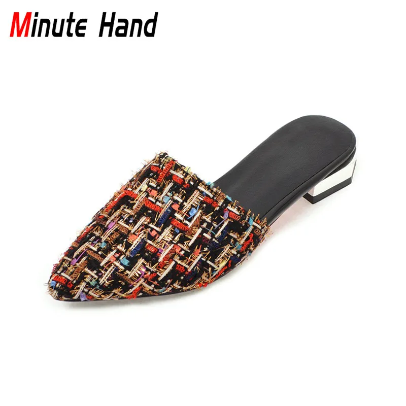 Minute Hand 2018 New Fashion Pointed Toe Women Mules Chunky Square Low