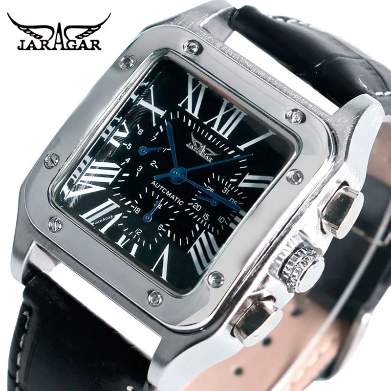 

JARAGAR Mechanical Watches Men Fashion Genuine Leather Wrist Watch Automatic Date Day Display Watches Mens Clock with Gift Box