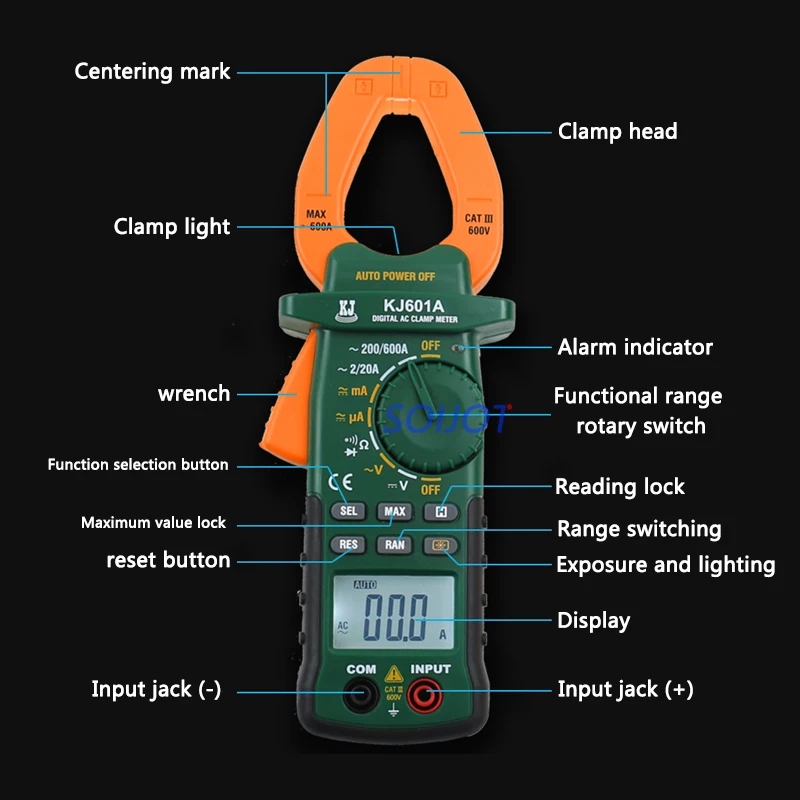SOIJOT Цифровой мультиметр KJ601A зажим тока AC/DC резистор напряжения тестер