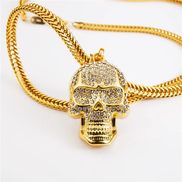 Hip Hop Mens Skeleton Necklace Skull Pendant Ice Out Gold Mens Bling ...