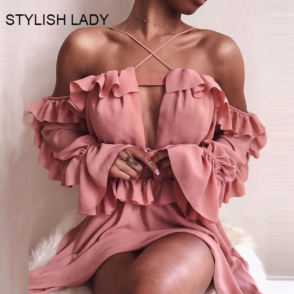 

STYLISH LADY Off the Shoulder Ruffle Chiffon Dress 2019 Summer Women Long Sleeve V Neck Backless Pleated Mini Boho Beach Dress