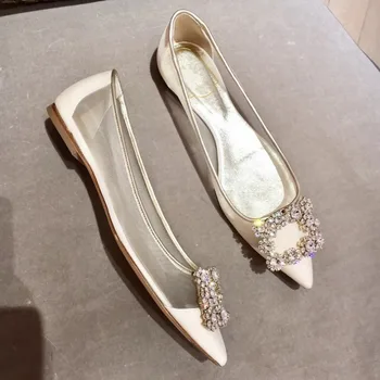 

Kmeioo Sexy Air mesh Wedding Shoes Pointed Toe Flats Slip-On Boat Shoes Elegant Jewel Shoes Zapatos Mujer Flat Shoes Red White