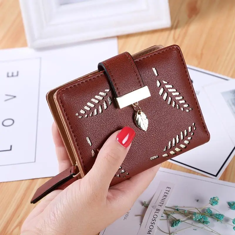 

Women's solid color leaf purse handbag card bag PU wallet clutch bag double folding casual hollow portwel damski